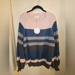 NWT Umgee Women's Striped Knit Sweater - Cream, Blue, and Brown.